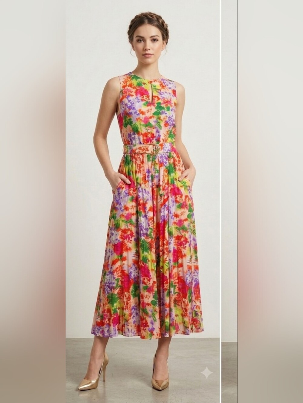 Christie‎ Austin Vintage  Floral Sleeveless Belted Midi Dress - Size 15/ 16